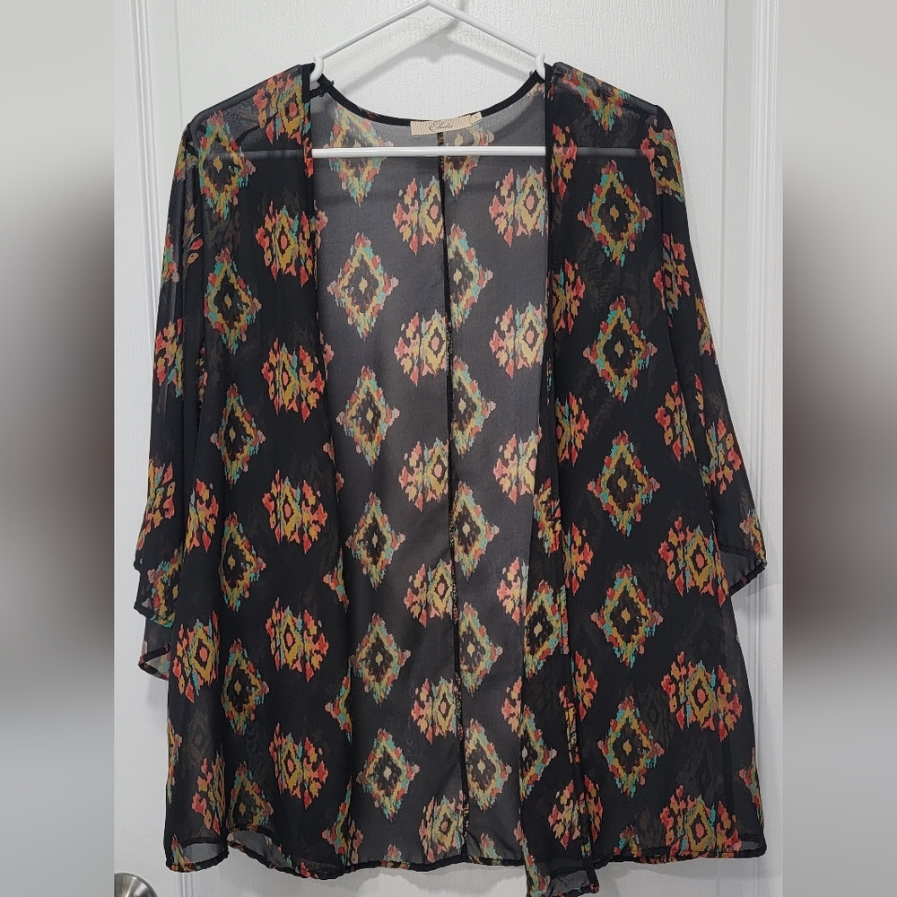Elodie Black Sheer Kimono with Vibrant Pattern